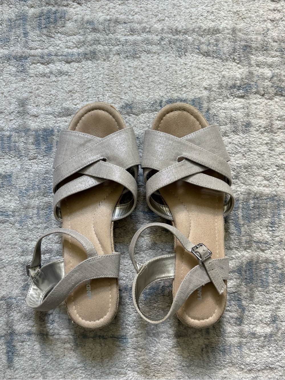 Worn Once Lands' End Metallic Taupe Cross‑Strap Wedge Sandals